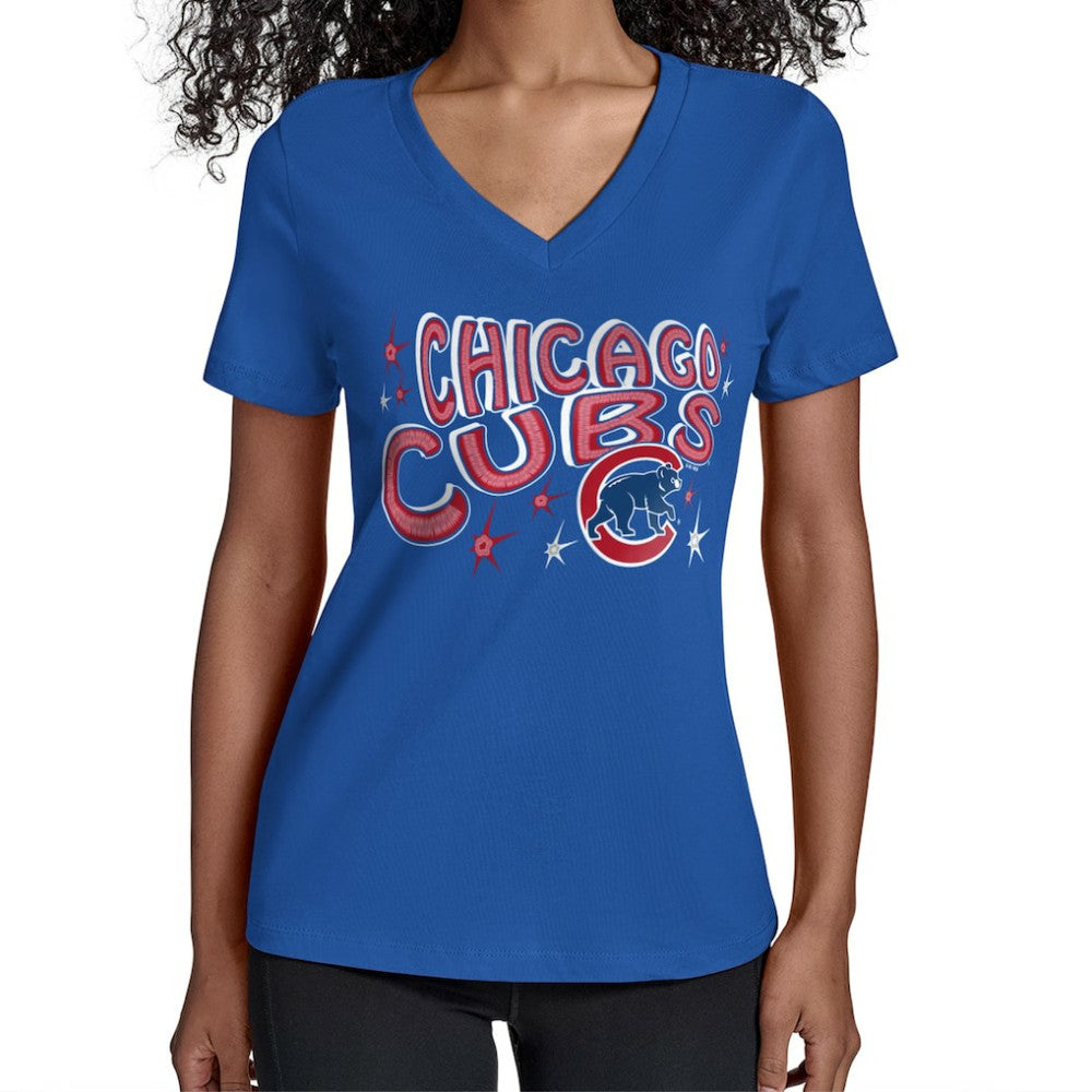 Chicago Cubs Starter Women's Fireworks Team Name V-Neck T-Shirt for sale