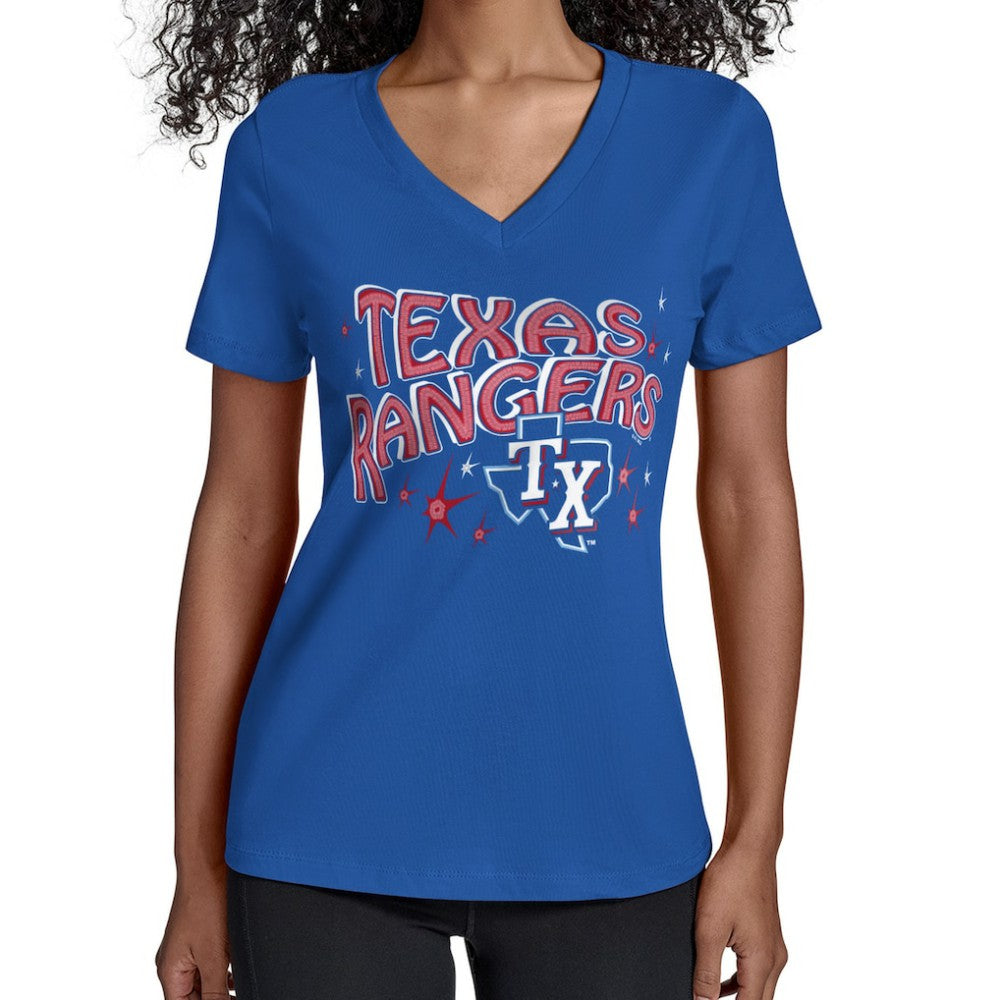 Texas Rangers Starter Women's Fireworks Team Name V-Neck T-Shirt Sale