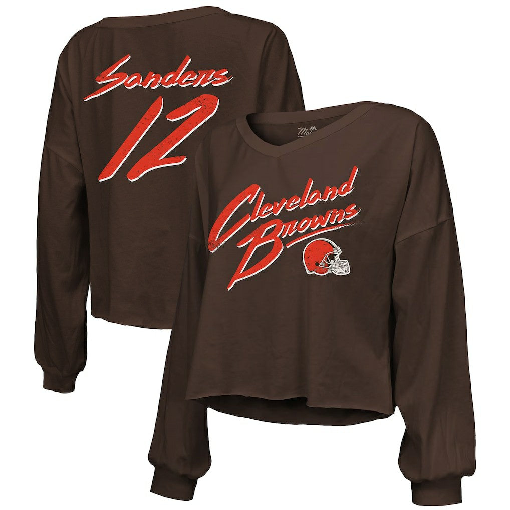 Shedeur Sanders Cleveland Browns Majestic Threads Women's Name & Number Off-Shoulder Script Cropped Long Sleeve Relaxed V-Neck T-Shirt - Brown - NFL