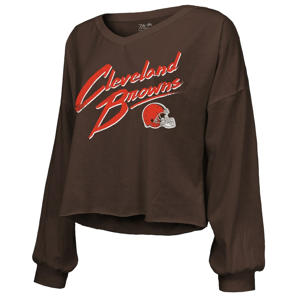 Shedeur Sanders Cleveland Browns Majestic Threads Women's Name & Number Off-Shoulder Script Cropped Long Sleeve Relaxed V-Neck T-Shirt - Brown - NFL
