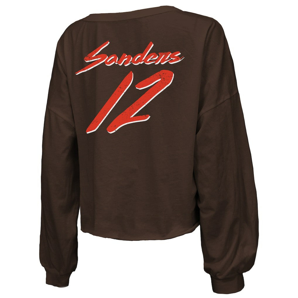 Shedeur Sanders Cleveland Browns Majestic Threads Women's Name & Number Off-Shoulder Script Cropped Long Sleeve Relaxed V-Neck T-Shirt - Brown - NFL