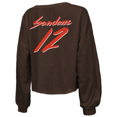 Shedeur Sanders Cleveland Browns Majestic Threads Women's Name & Number Off-Shoulder Script Cropped Long Sleeve Relaxed V-Neck T-Shirt - Brown - NFL