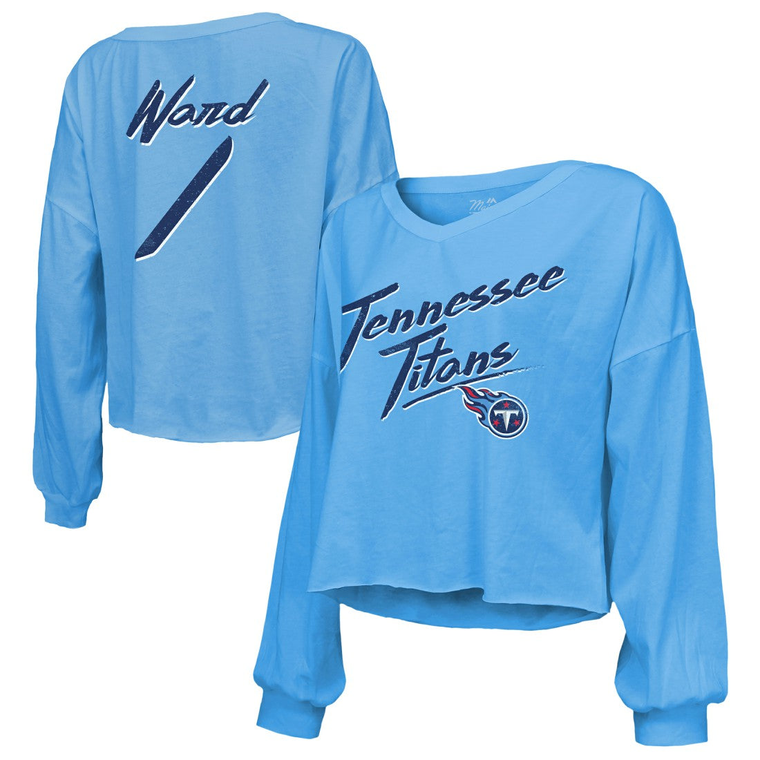 Cameron Ward Tennessee Titans Majestic Threads Women's Name & Number Off-Shoulder Script Cropped Long Sleeve Relaxed V-Neck T-Shirt - Light Blue - NFL