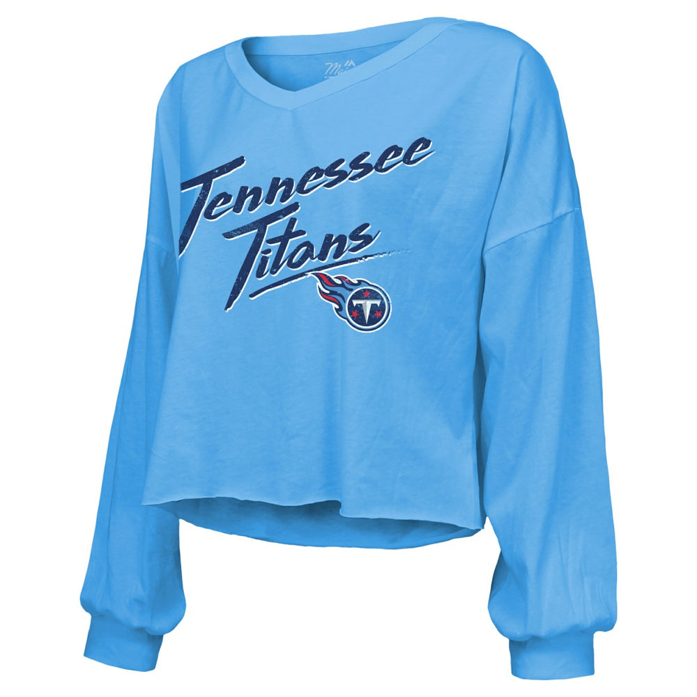 Cameron Ward Tennessee Titans Majestic Threads Women's Name & Number Off-Shoulder Script Cropped Long Sleeve Relaxed V-Neck T-Shirt - Light Blue - NFL