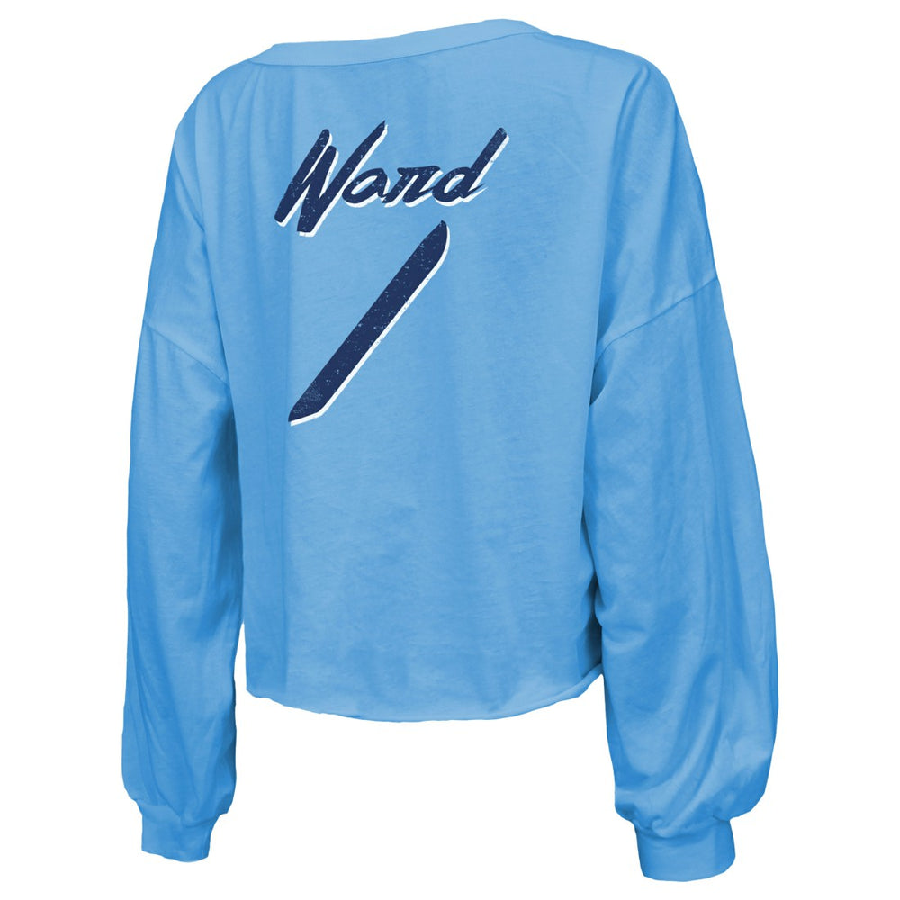 Cameron Ward Tennessee Titans Majestic Threads Women's Name & Number Off-Shoulder Script Cropped Long Sleeve Relaxed V-Neck T-Shirt - Light Blue - NFL