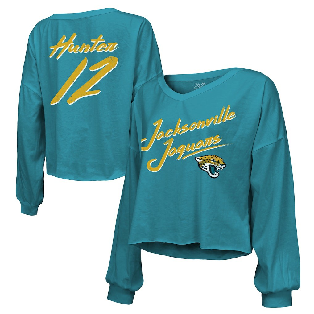 Travis Hunter Jacksonville Jaguars Majestic Threads Women's Name & Number Off-Shoulder Script Cropped Long Sleeve Relaxed V-Neck T-Shirt - Teal - NFL