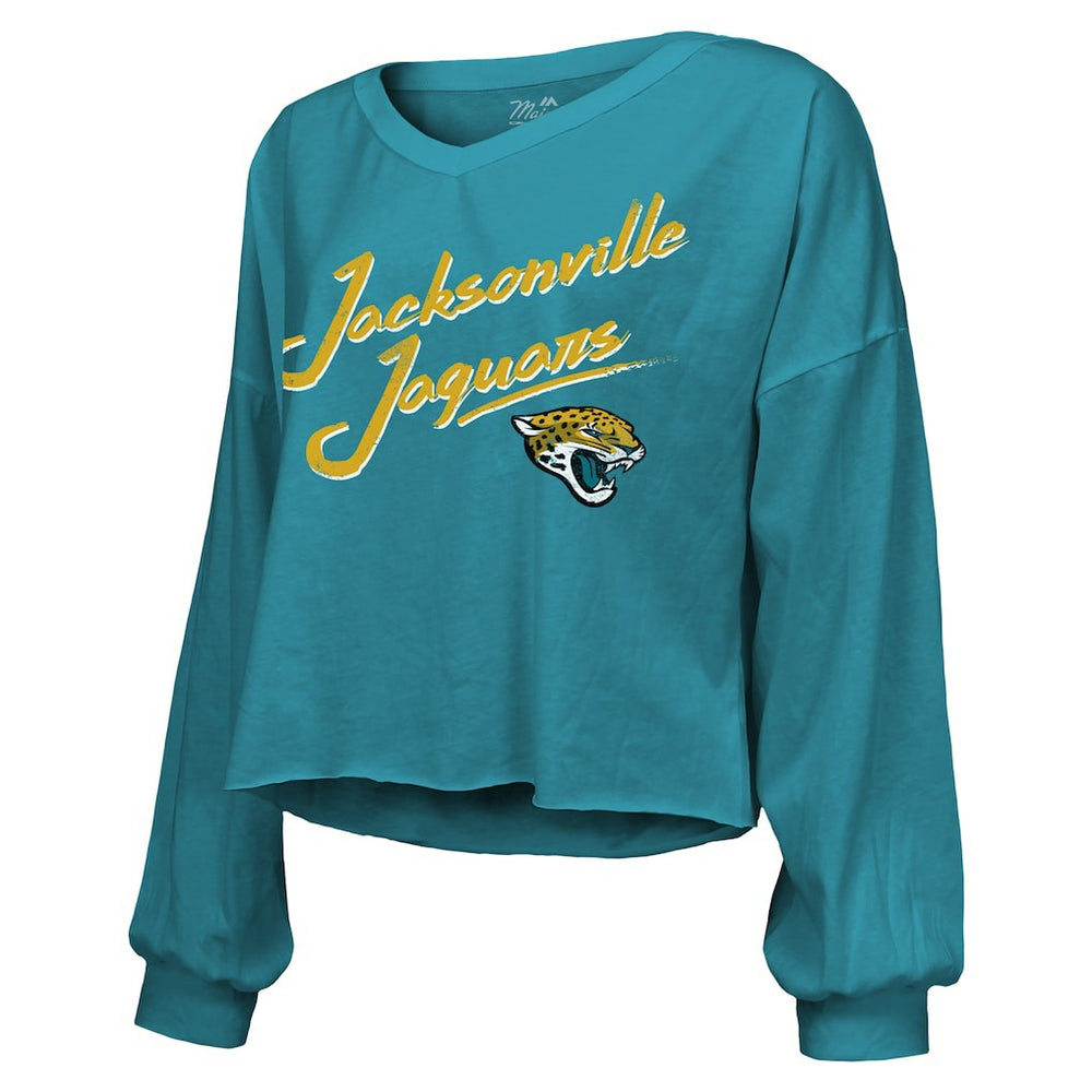 Travis Hunter Jacksonville Jaguars Majestic Threads Women's Name & Number Off-Shoulder Script Cropped Long Sleeve Relaxed V-Neck T-Shirt - Teal - NFL