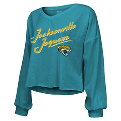 Travis Hunter Jacksonville Jaguars Majestic Threads Women's Name & Number Off-Shoulder Script Cropped Long Sleeve Relaxed V-Neck T-Shirt - Teal - NFL