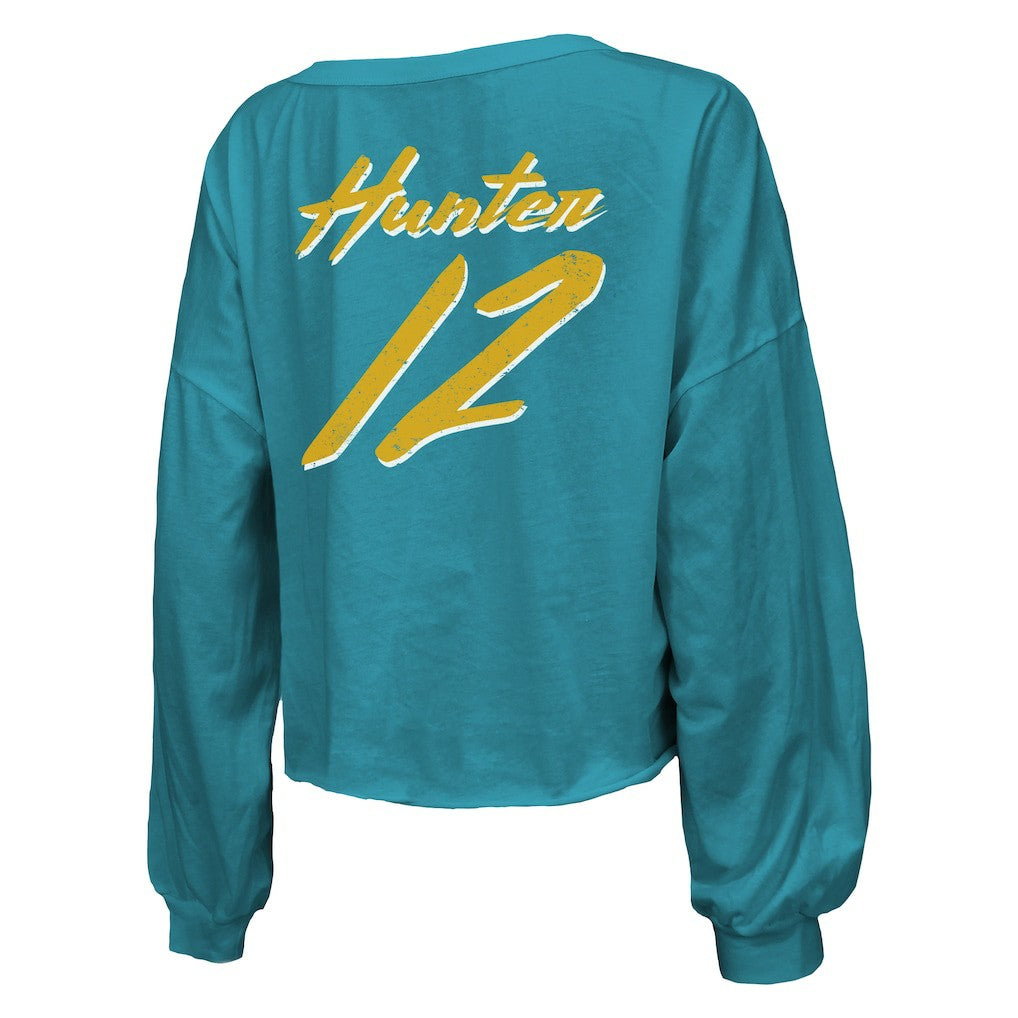 Travis Hunter Jacksonville Jaguars Majestic Threads Women's Name & Number Off-Shoulder Script Cropped Long Sleeve Relaxed V-Neck T-Shirt - Teal - NFL