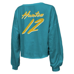 Travis Hunter Jacksonville Jaguars Majestic Threads Women's Name & Number Off-Shoulder Script Cropped Long Sleeve Relaxed V-Neck T-Shirt - Teal - NFL