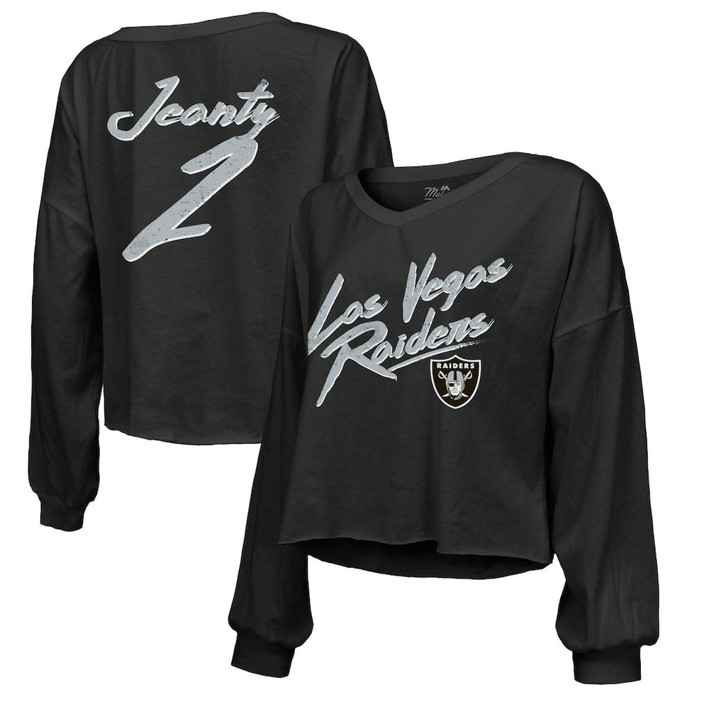 Ashton Jeanty Las Vegas Raiders Majestic Threads Women's Name & Number Off-Shoulder Script Cropped Long Sleeve Relaxed V-Neck T-Shirt - Black - NFL