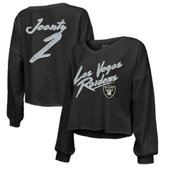 Ashton Jeanty Las Vegas Raiders Majestic Threads Women's Name & Number Off-Shoulder Script Cropped Long Sleeve Relaxed V-Neck T-Shirt - Black - NFL