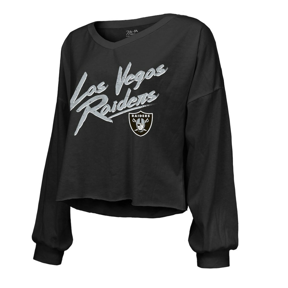 Ashton Jeanty Las Vegas Raiders Majestic Threads Women's Name & Number Off-Shoulder Script Cropped Long Sleeve Relaxed V-Neck T-Shirt - Black - NFL