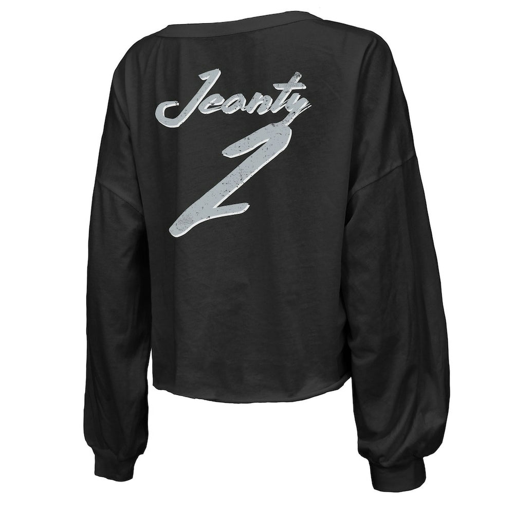 Ashton Jeanty Las Vegas Raiders Majestic Threads Women's Name & Number Off-Shoulder Script Cropped Long Sleeve Relaxed V-Neck T-Shirt - Black - NFL