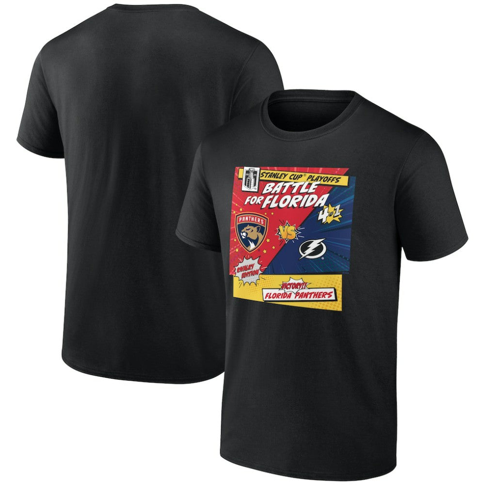 Florida Panthers vs. Tampa Bay Lightning 2025 Stanley Cup Playoffs Rivalry Comic Pop T-Shirt - Black | NHL Lifestyle