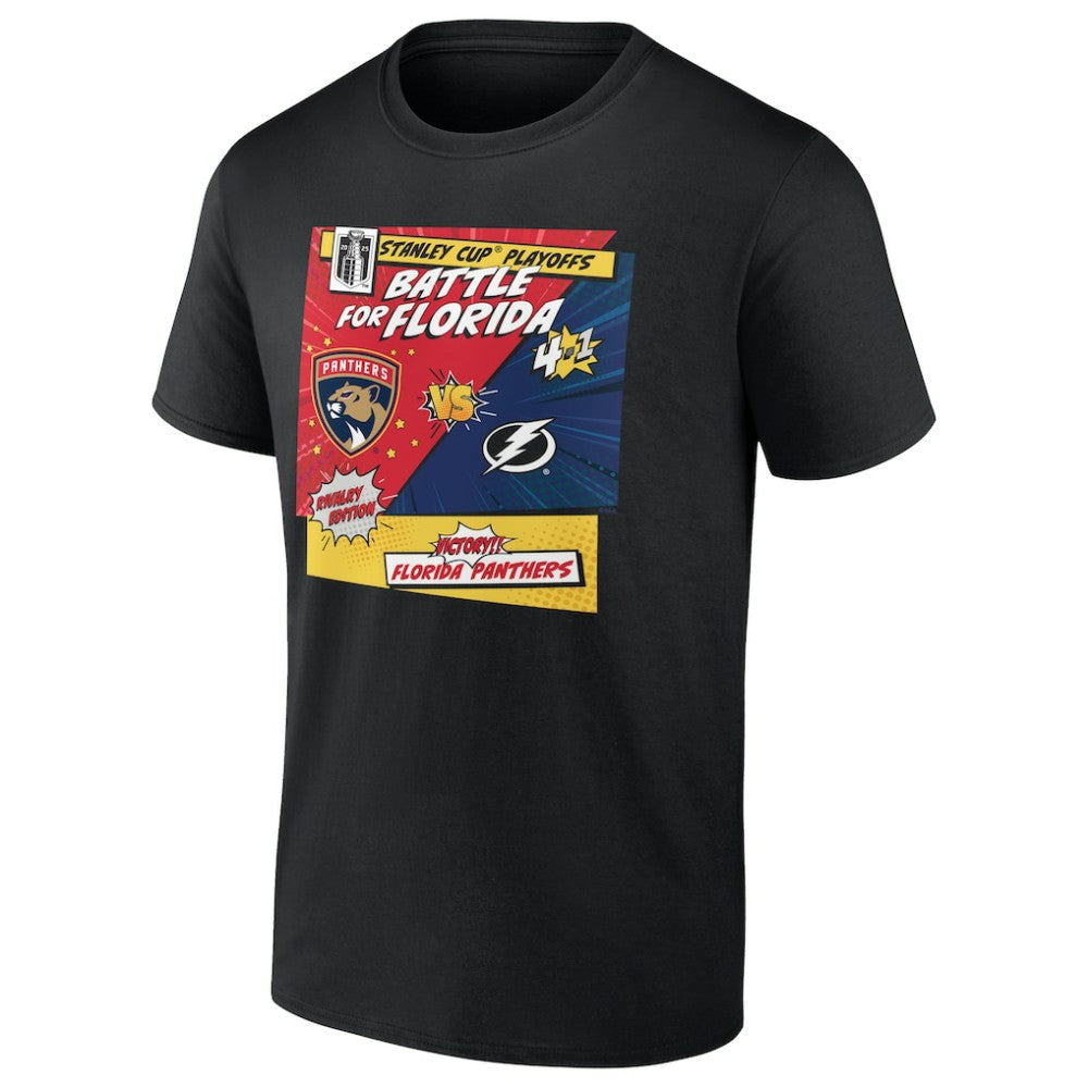 Florida Panthers vs. Tampa Bay Lightning 2025 Stanley Cup Playoffs Rivalry Comic Pop T-Shirt - Black | NHL Lifestyle