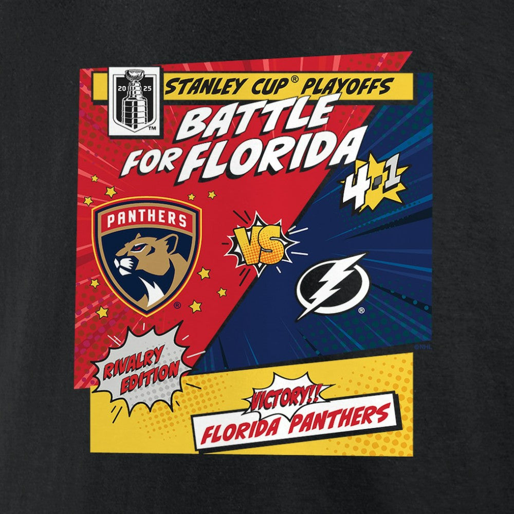 Florida Panthers vs. Tampa Bay Lightning 2025 Stanley Cup Playoffs Rivalry Comic Pop T-Shirt - Black | NHL Lifestyle