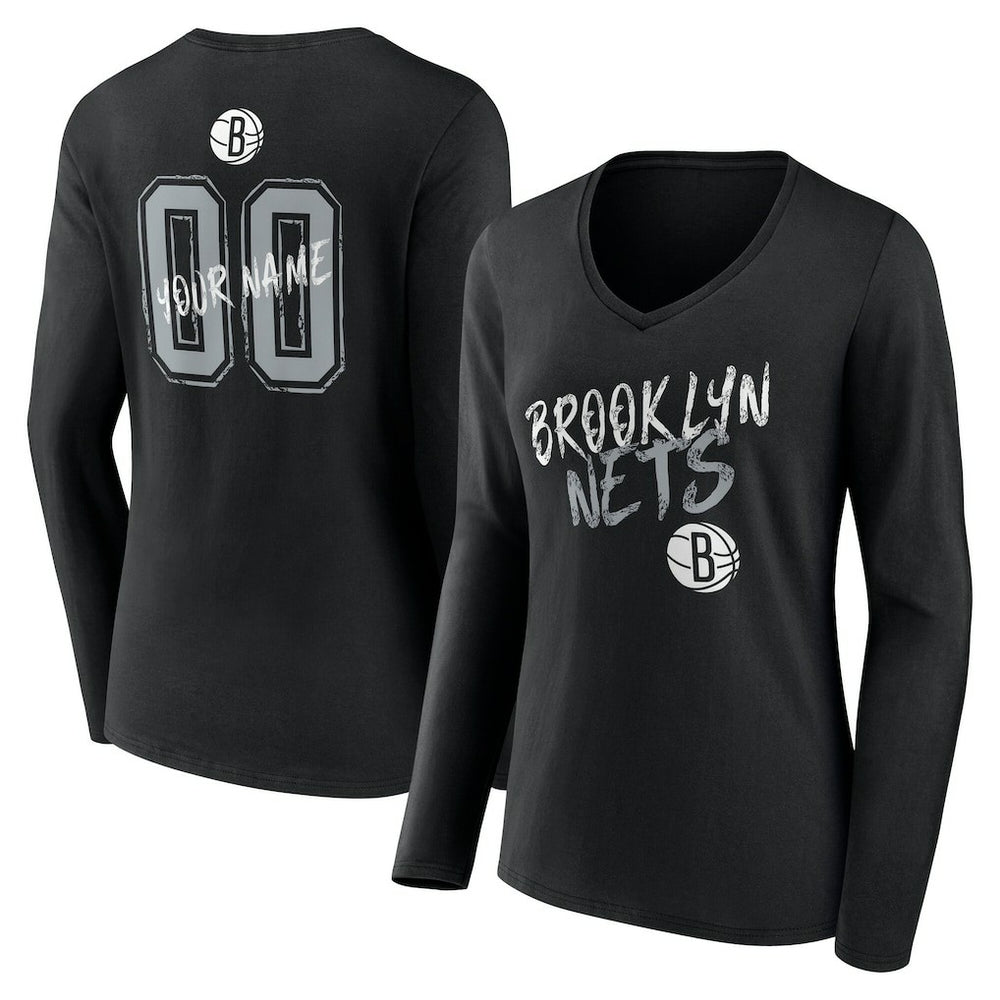 Brooklyn Nets Women's Hustle Custom Long Sleeve V-Neck T-Shirt Black