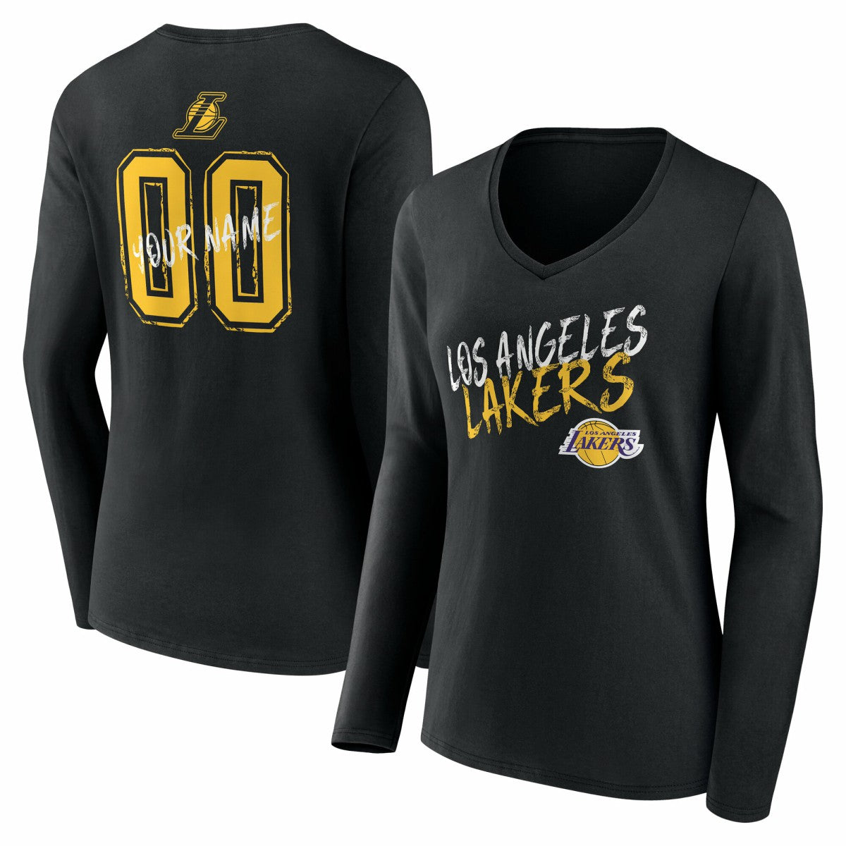 Los Angeles Lakers Women's Hustle Custom Long Sleeve V-Neck T-Shirt Black