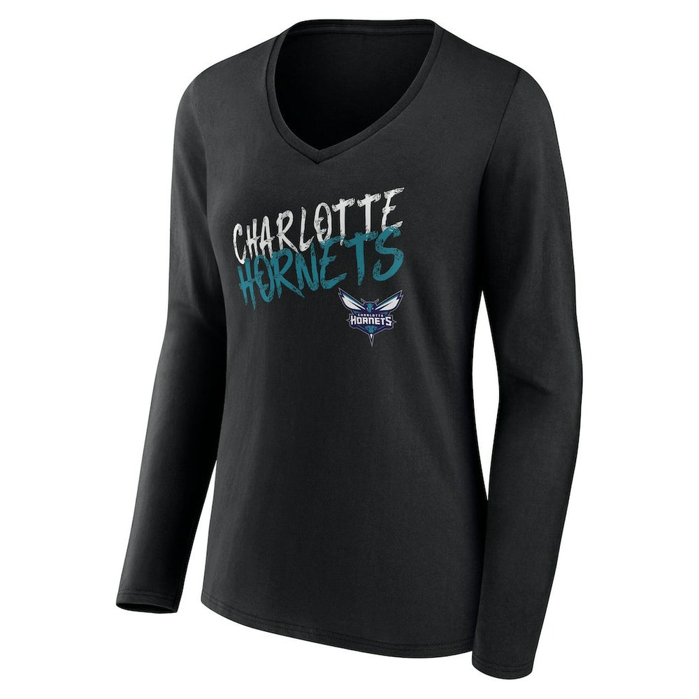 Charlotte Hornets Women's Hustle Custom Long Sleeve V-Neck T-Shirt Black