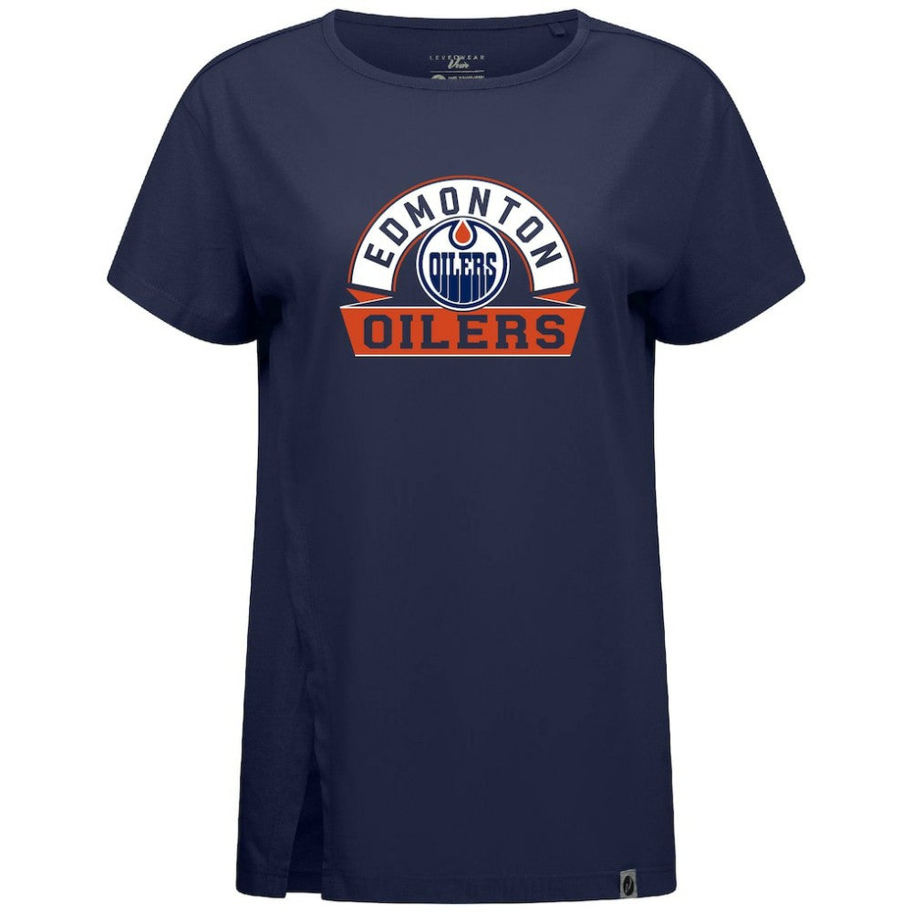 Edmonton Oilers Levelwear Women's Influx Banner Arch T-Shirt - Navy | NHL Lifestyle