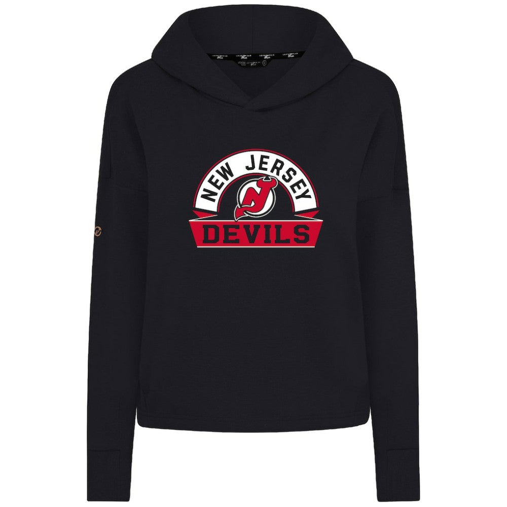 New Jersey Devils Levelwear Women's Sweet Banner Arch Tri-Blend Cropped Pullover Hoodie - Black | NHL Lifestyle