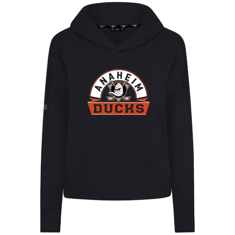 Anaheim Ducks Levelwear Women's Sweet Banner Arch Tri-Blend Cropped Pullover Hoodie - Black | NHL Lifestyle