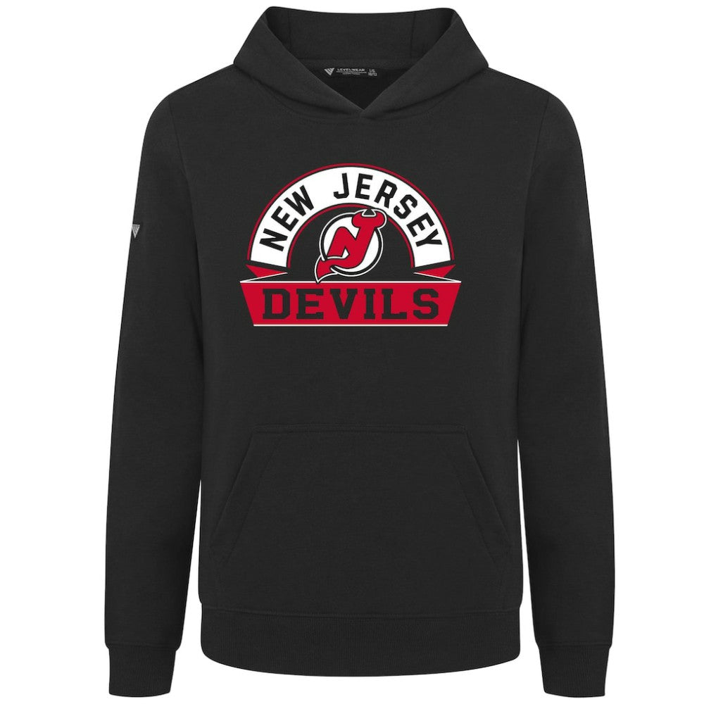 New Jersey Devils Levelwear Youth Podium Banner Arch Pullover Hoodie - Black | NHL Clearance