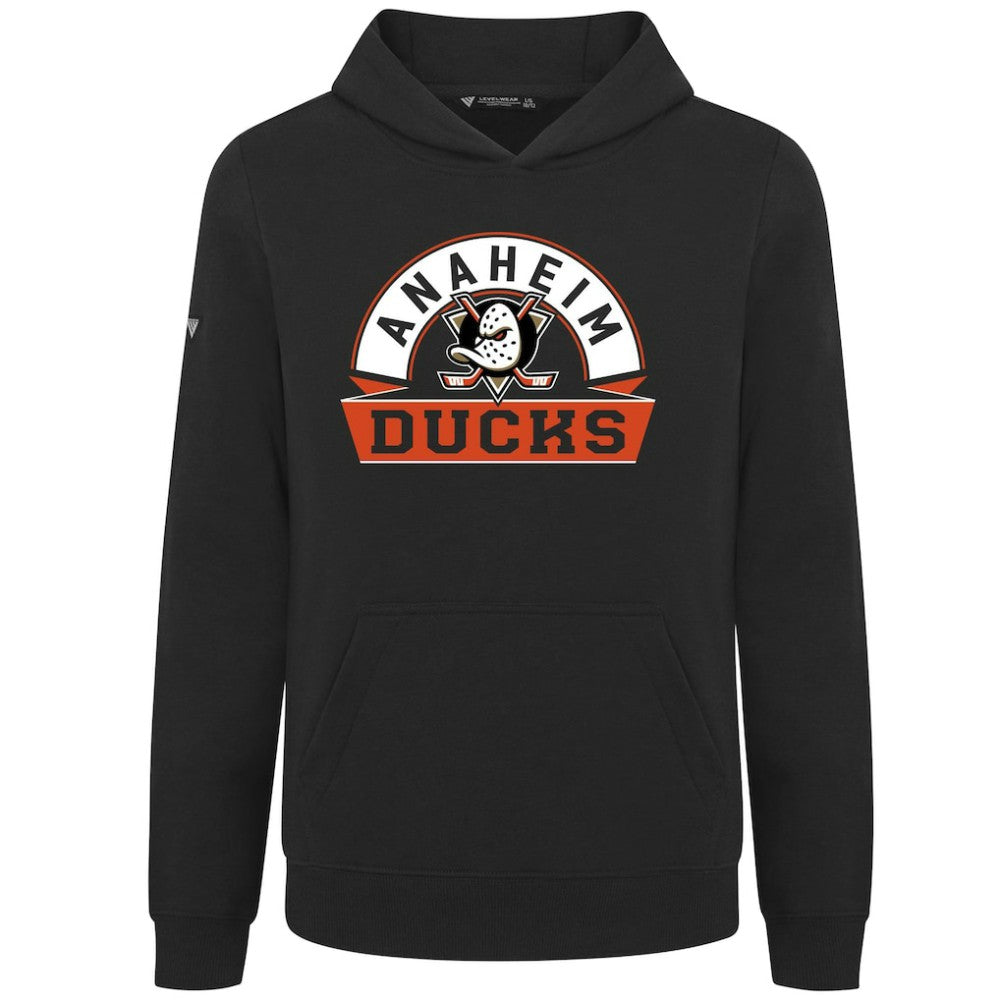 Anaheim Ducks Levelwear Youth Podium Banner Arch Pullover Hoodie - Black | NHL discount