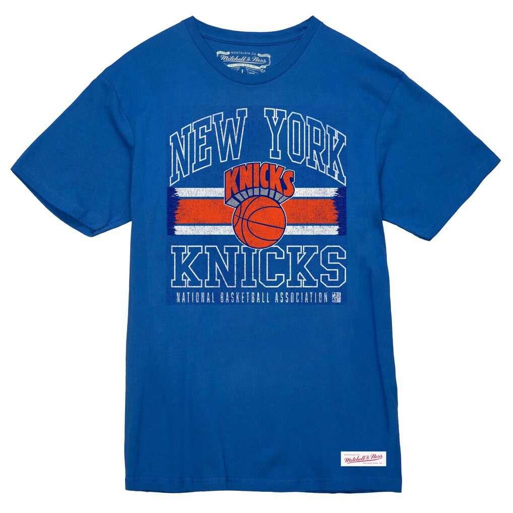 Mitchell & Ness New York Knicks Striped Logo Lockup Premium T-Shirt Royal