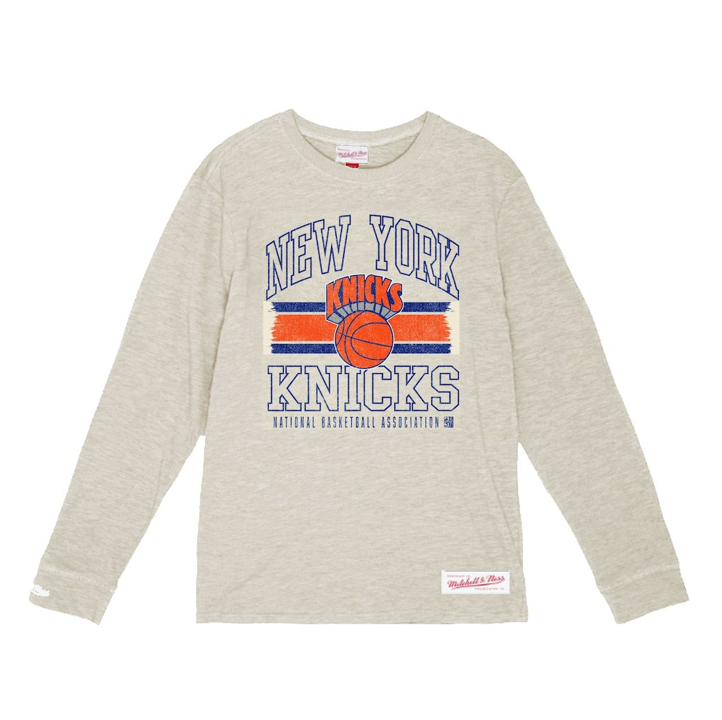 Mitchell & Ness New York Knicks Striped Logo Lockup Premium T-Shirt Cream