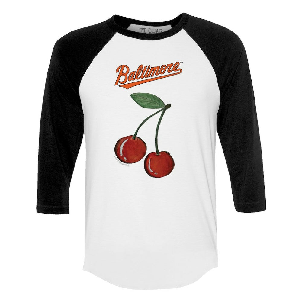 Baltimore Orioles Tiny Turnip Women's Cherries 3/4-Sleeve Raglan Baseball T-Shirt for sale