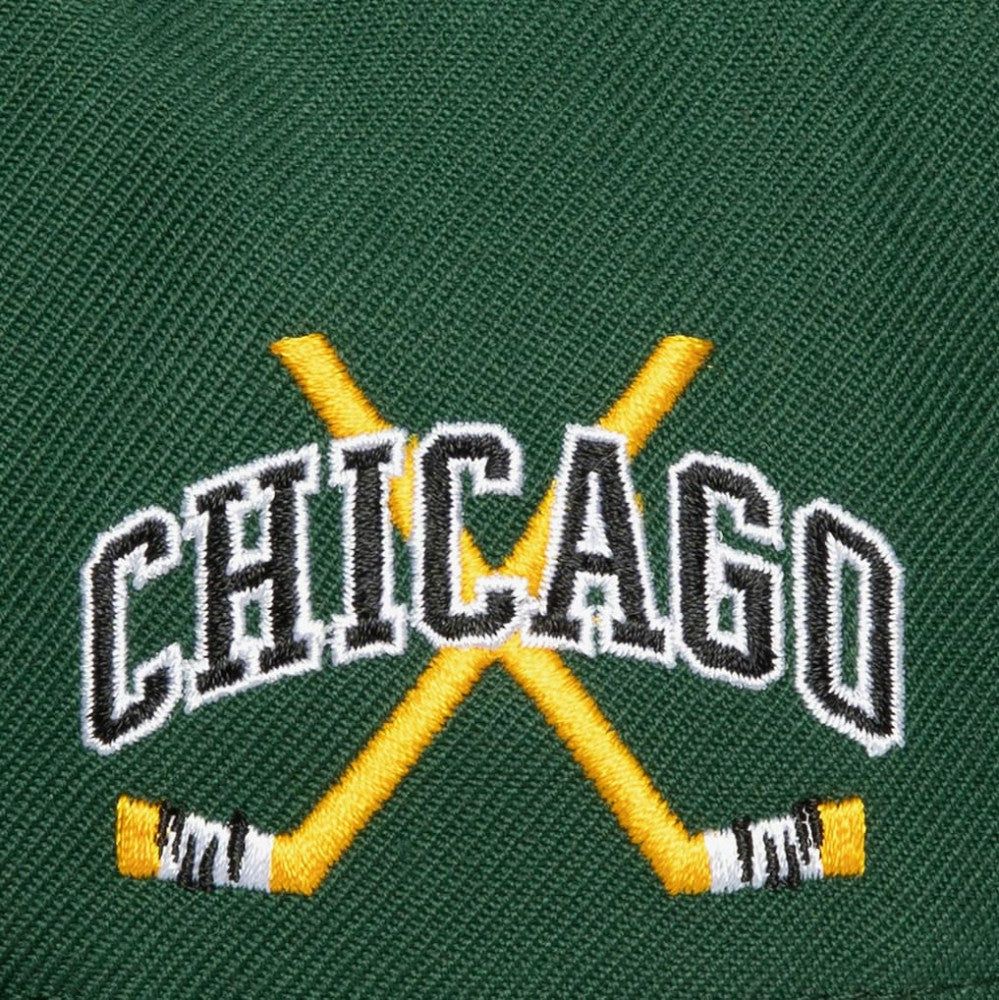 Chicago Blackhawks Mitchell & Ness x Just Don Wave Script Pro Strapback Hat - Green/Black | NHL Lifestyle