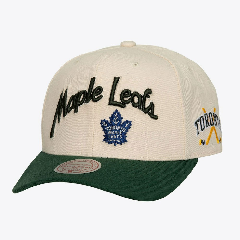 Toronto Maple Leafs Mitchell & Ness x Just Don Wave Script Pro Strapback Hat - Cream/Green | NHL Lifestyle