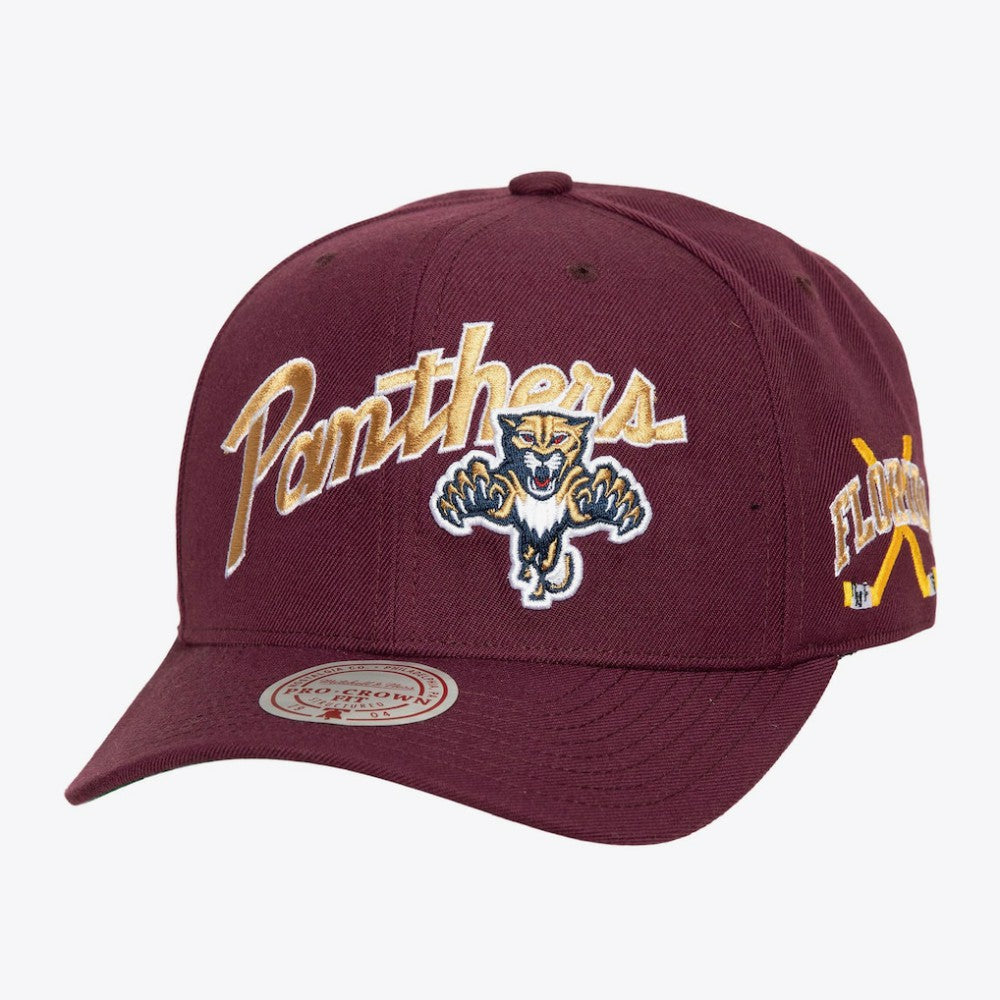Florida Panthers Mitchell & Ness x Just Don Wave Script Pro Strapback Hat - Maroon | NHL Lifestyle