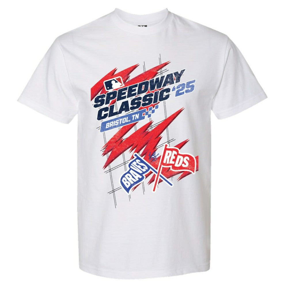 Cincinnati Reds vs. Atlanta Braves The Wild Collective Women's 2025 Speedway Classic Flags T-Shirt for sale