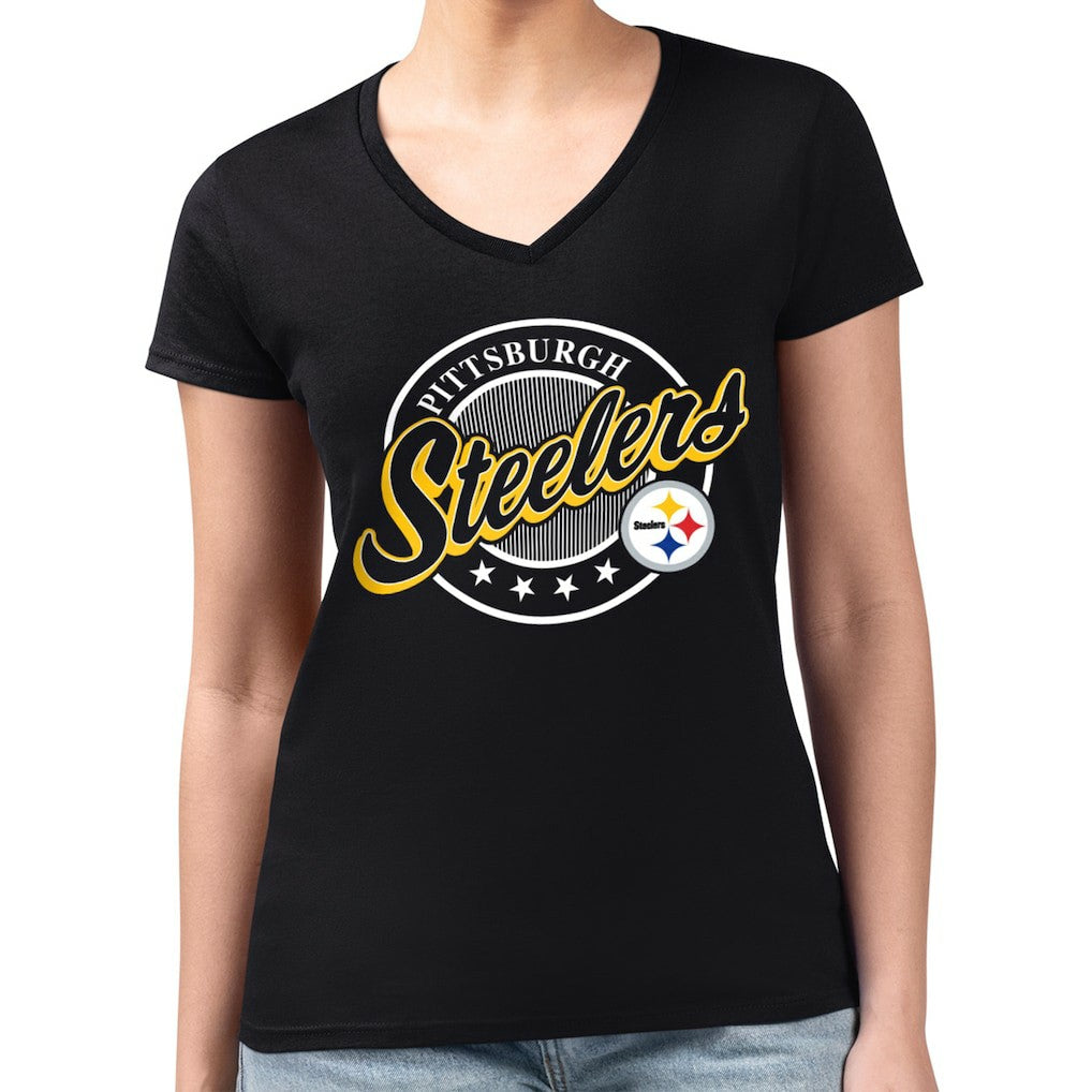 Pittsburgh Steelers G-III 4Her by Carl Banks Women's Super-Slim Fit Lightweight Pinstripe Circle V-Neck T-Shirt - Black - NFL