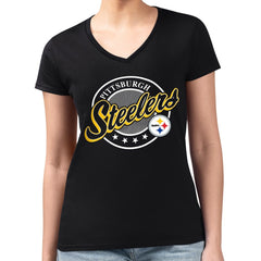 Pittsburgh Steelers G-III 4Her by Carl Banks Women's Super-Slim Fit Lightweight Pinstripe Circle V-Neck T-Shirt - Black - NFL