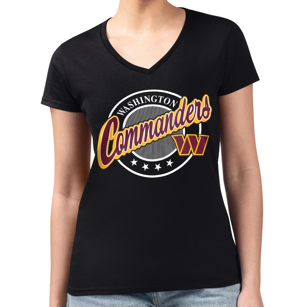 Washington Commanders G-III 4Her by Carl Banks Women's Super-Slim Fit Lightweight Pinstripe Circle V-Neck T-Shirt - Black - NFL