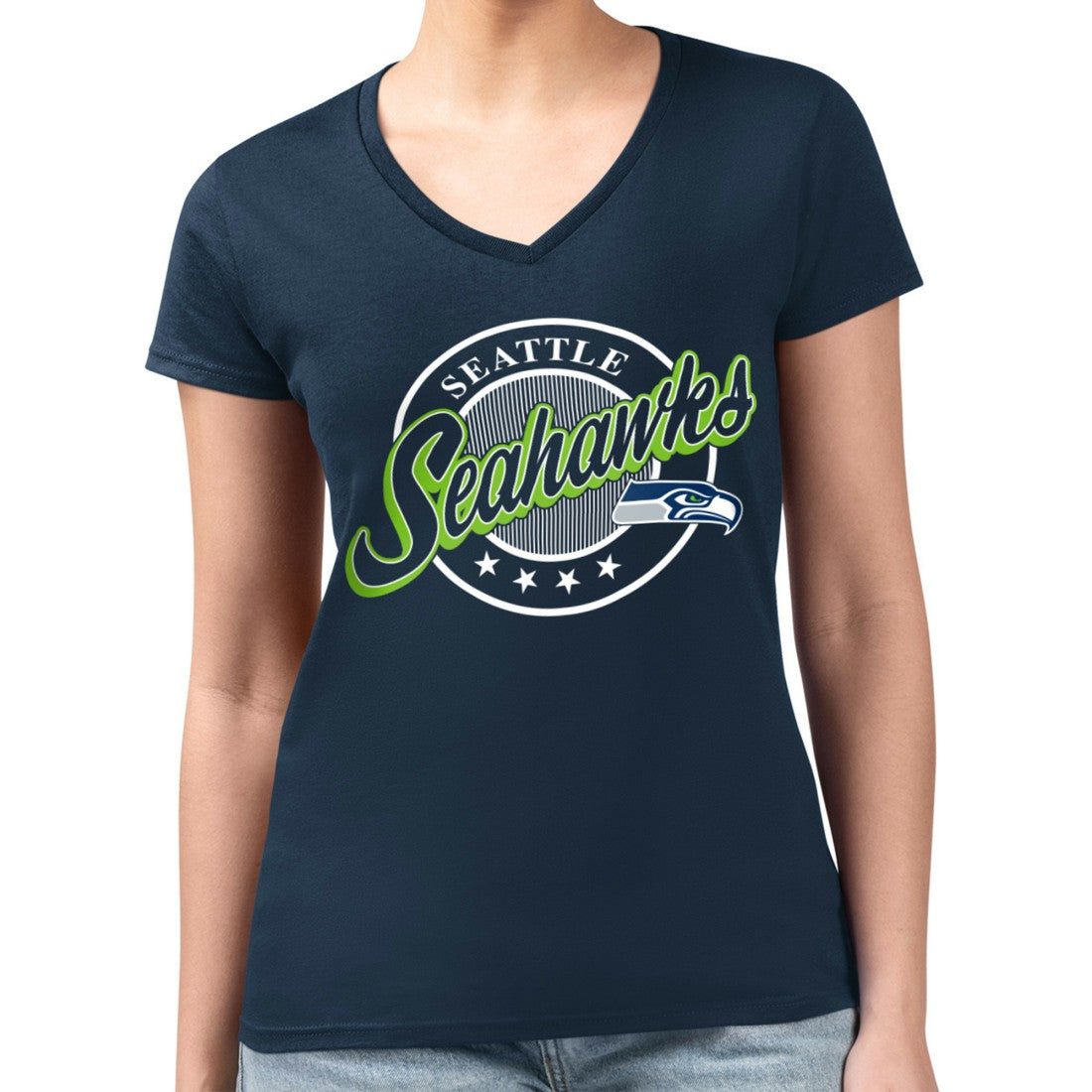 Seattle Seahawks G-III 4Her by Carl Banks Women's Super-Slim Fit Lightweight Pinstripe Circle V-Neck T-Shirt - Navy - NFL