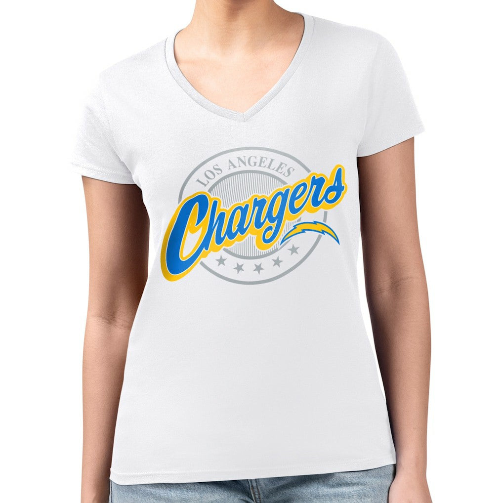 Los Angeles Chargers G-III 4Her by Carl Banks Women's Super-Slim Fit Lightweight Pinstripe Circle V-Neck T-Shirt - White - NFL
