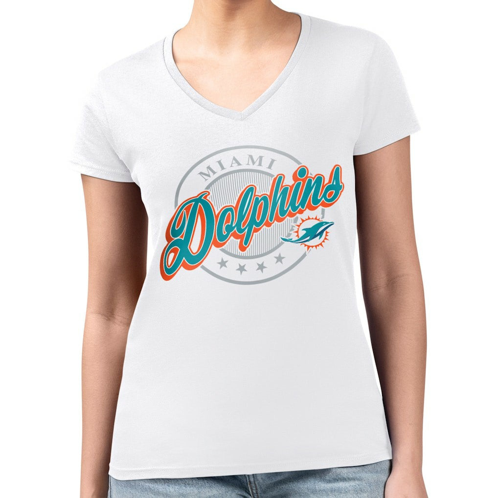 Miami Dolphins G-III 4Her by Carl Banks Women's Super-Slim Fit Lightweight Pinstripe Circle V-Neck T-Shirt - White - NFL