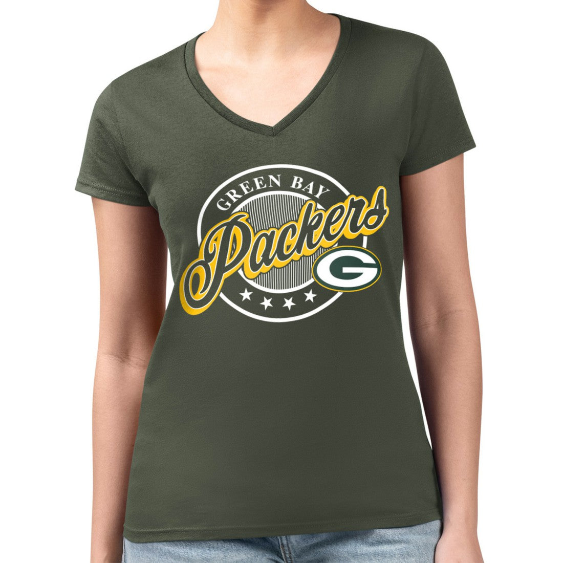 Green Bay Packers G-III 4Her by Carl Banks Women's Super-Slim Fit Lightweight Pinstripe Circle V-Neck T-Shirt - Green - NFL