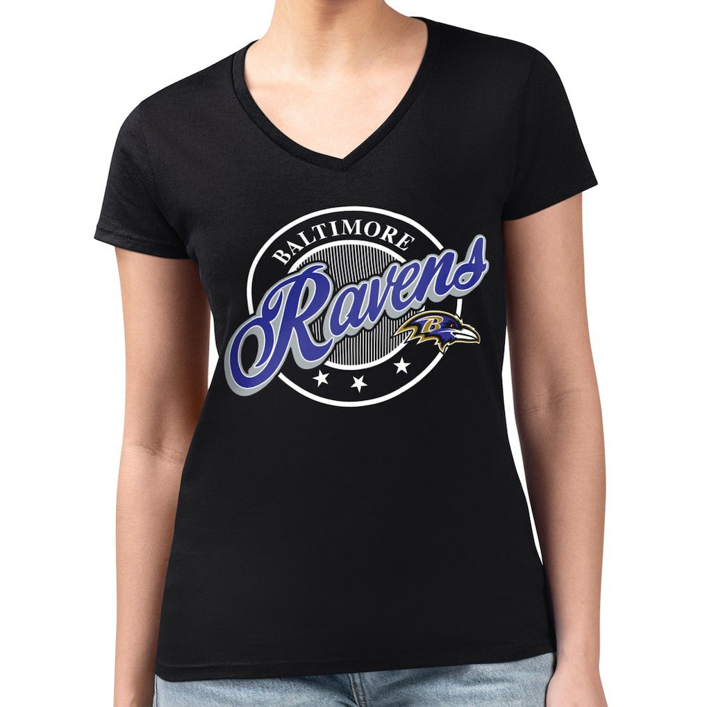 Baltimore Ravens G-III 4Her by Carl Banks Women's Super-Slim Fit Lightweight Pinstripe Circle V-Neck T-Shirt - Black - NFL