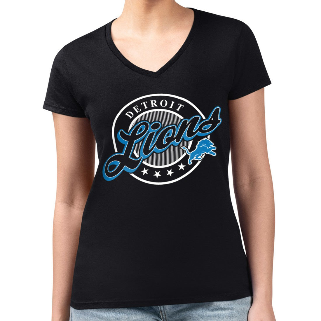 Detroit Lions G-III 4Her by Carl Banks Women's Super-Slim Fit Lightweight Pinstripe Circle V-Neck T-Shirt - Black - NFL