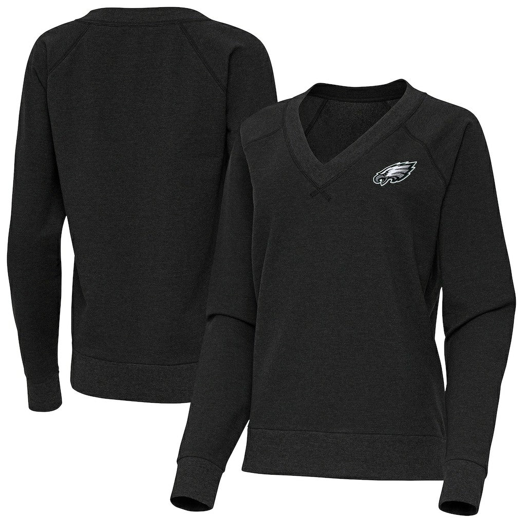 Philadelphia Eagles Antigua Women's Varsity Tri-Blend V-Neck Long Sleeve T-Shirt - Heather Black - NFL