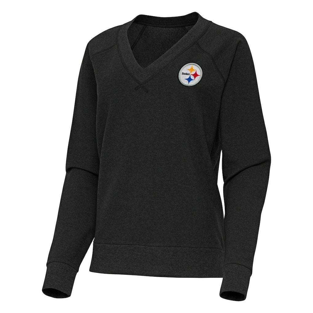 Pittsburgh Steelers Antigua Women's Varsity Tri-Blend V-Neck Long Sleeve T-Shirt - Heather Black - NFL