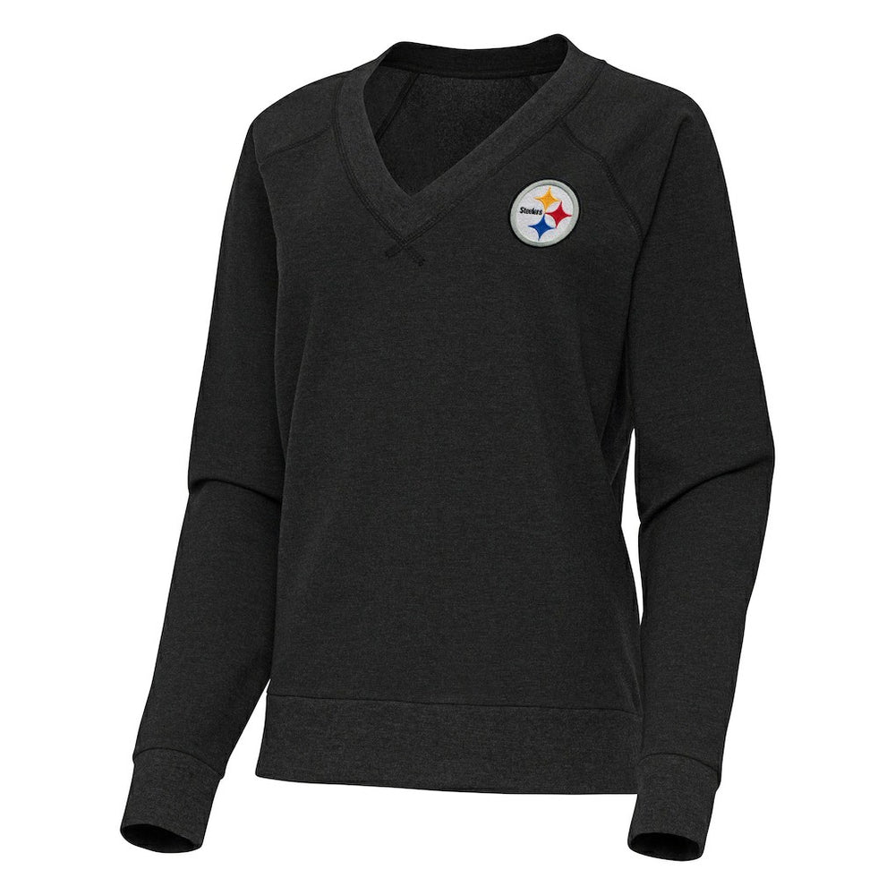 Pittsburgh Steelers Antigua Women's Varsity Tri-Blend V-Neck Long Sleeve T-Shirt - Heather Black - NFL