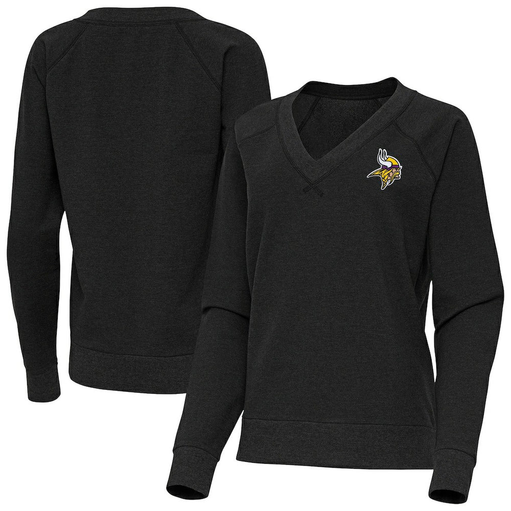 Minnesota Vikings Antigua Women's Varsity Tri-Blend V-Neck Long Sleeve T-Shirt - Heather Black - NFL