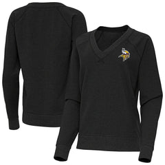 Minnesota Vikings Antigua Women's Varsity Tri-Blend V-Neck Long Sleeve T-Shirt - Heather Black - NFL
